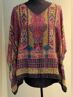 Paisley V-Neck Tunic Top in Magenta and Teal